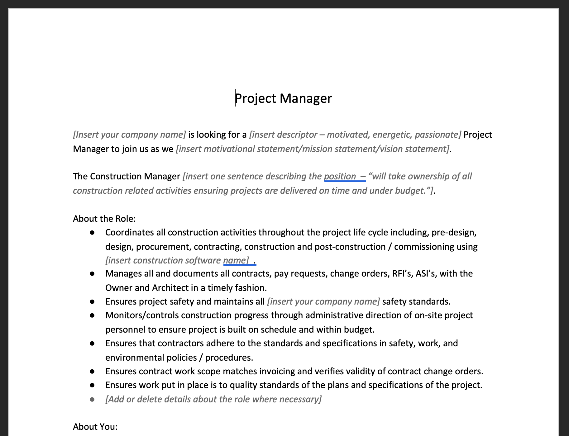 Project Manager Job Description